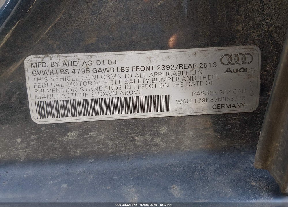2009 AUDI A4 2.0T PREMIUM VIN: WAULF78K89N053715