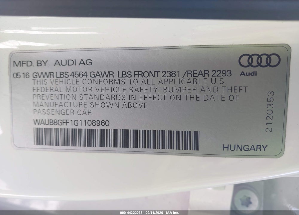 2016 AUDI A3 VIN: WAUB8GFF1G1108960