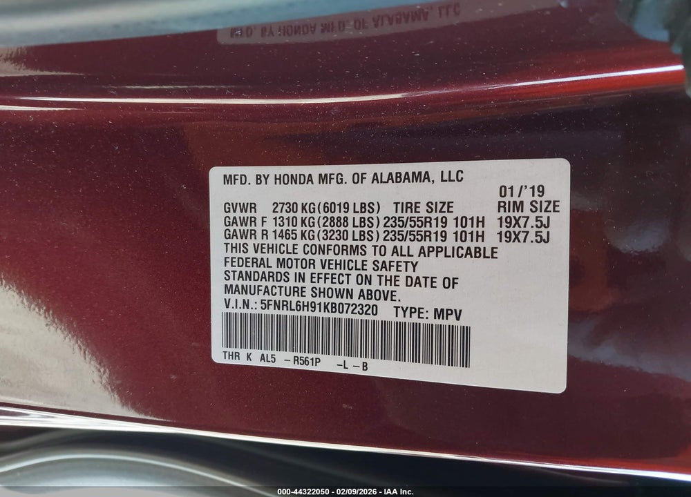 2019 HONDA ODYSSEY ELITE VIN: 5FNRL6H91KB072320