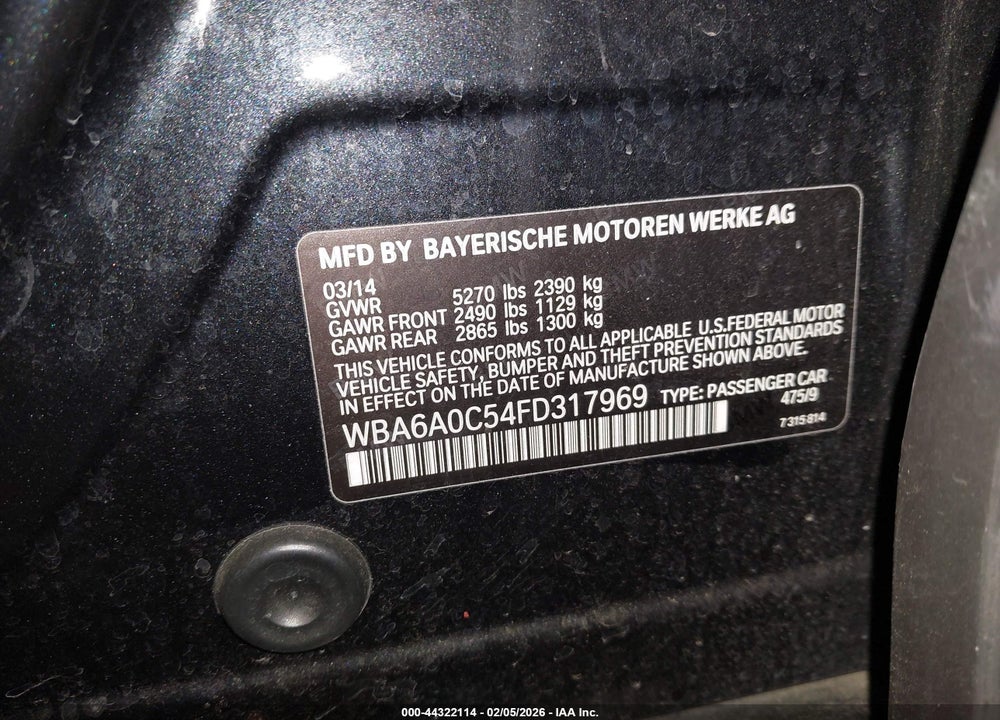 2015 BMW 640I GRAN COUPE VIN: WBA6A0C54FD317969