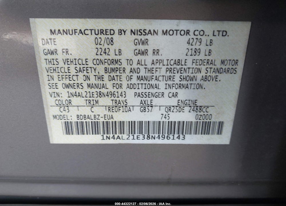 2008 NISSAN ALTIMA 2.5 S VIN: 1N4AL21E38N496143