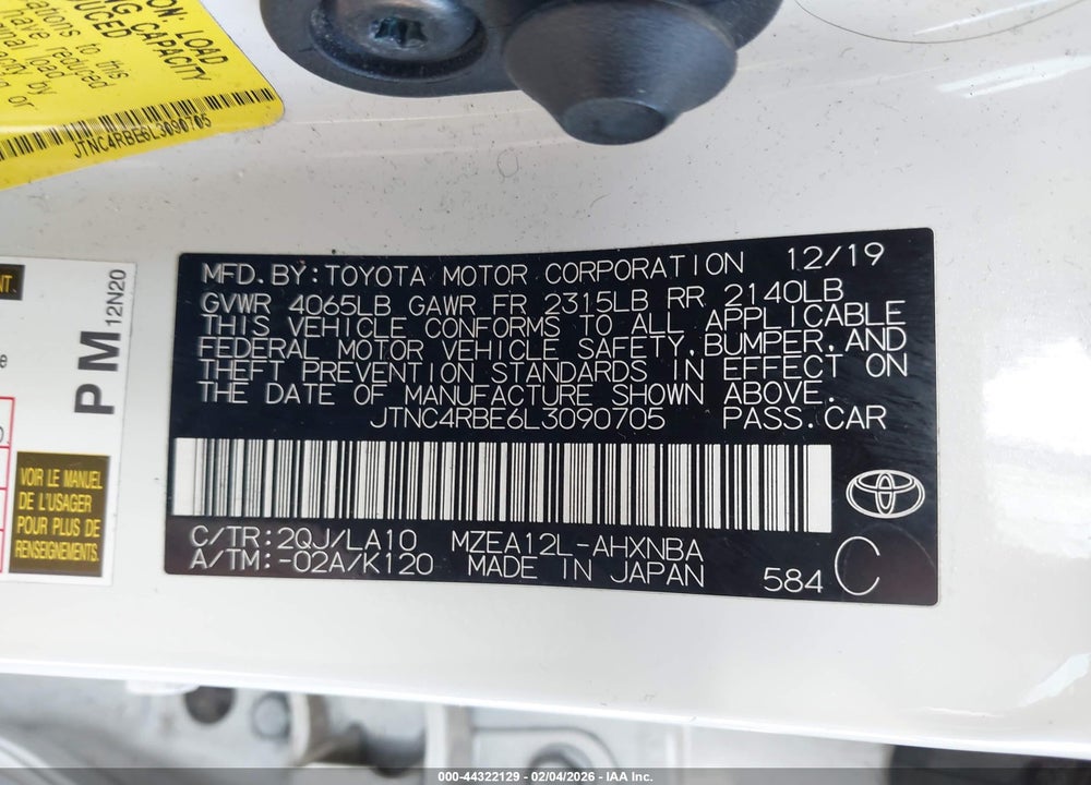 2020 TOYOTA COROLLA XSE VIN: JTNC4RBE6L3090705