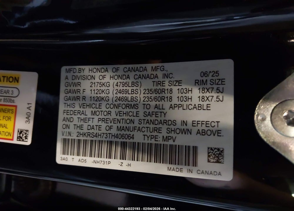 2026 HONDA CR-V EX-L AWD VIN: 2HKRS4H73TH406064