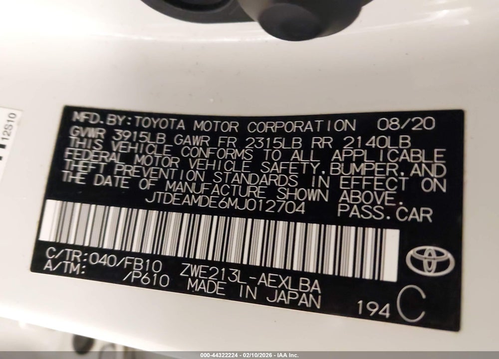 2021 TOYOTA COROLLA HYBRID LE VIN: JTDEAMDE6MJ012704