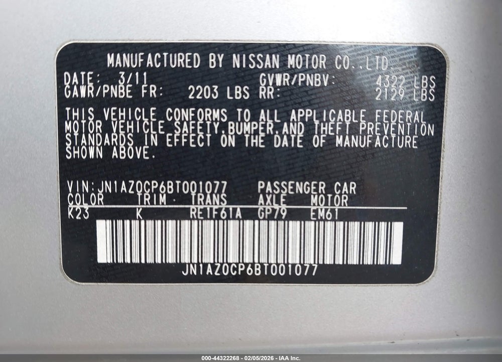 2011 NISSAN LEAF SL VIN: JN1AZ0CP6BT001077