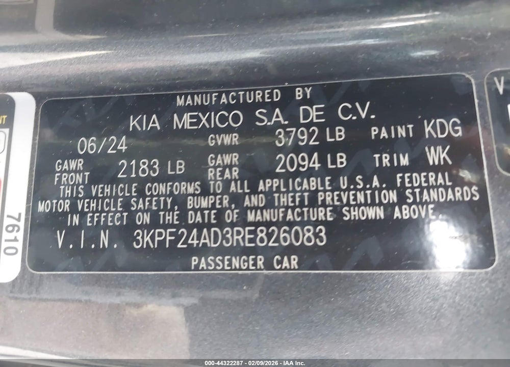 2024 KIA FORTE LXS VIN: 3KPF24AD3RE826083