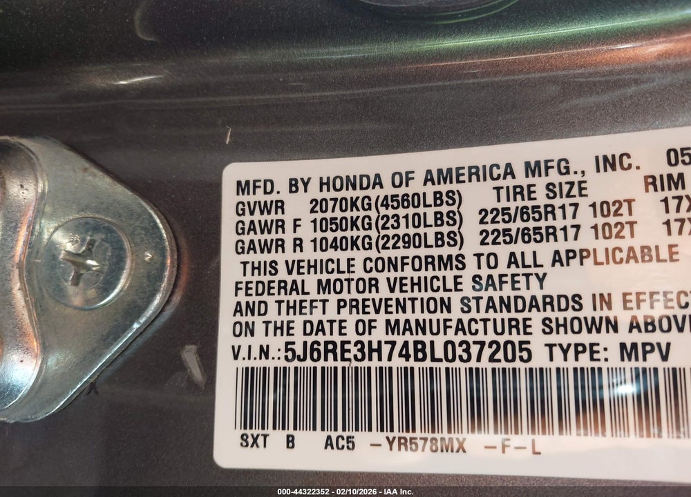 2011 HONDA CR-V EX-L VIN: 5J6RE3H74BL037205