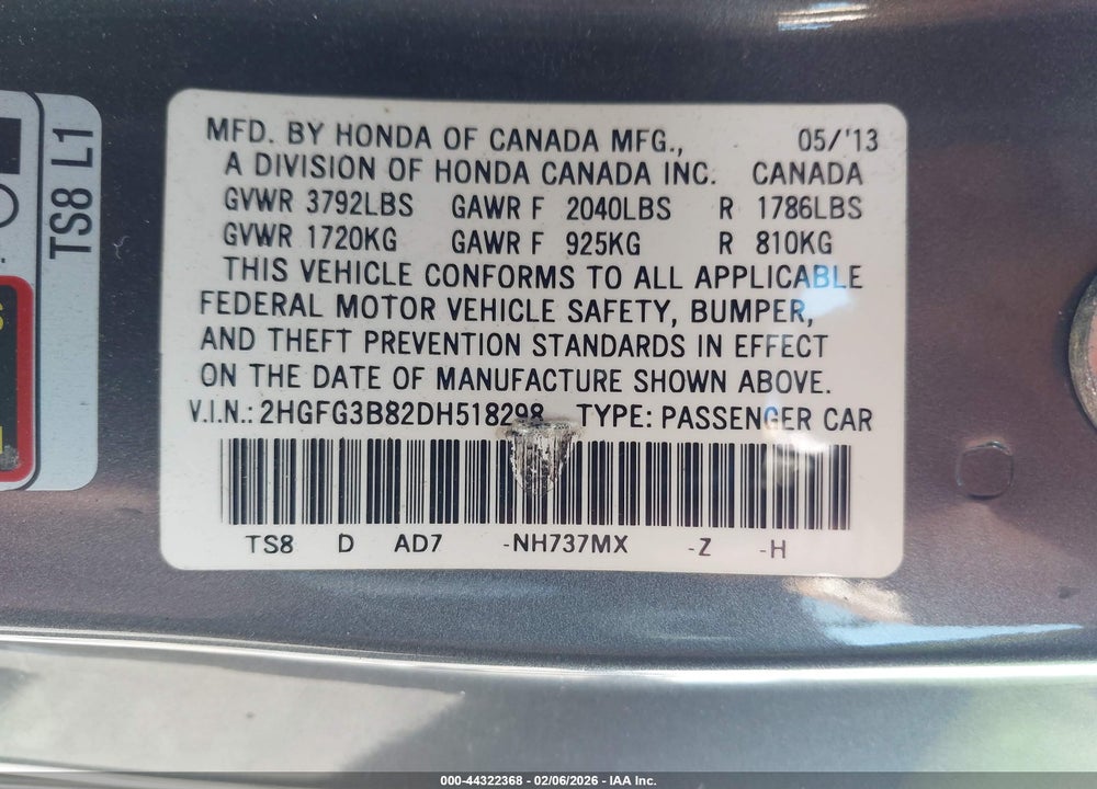 2013 HONDA CIVIC EX VIN: 2HGFG3B82DH518298