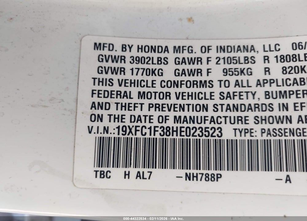 2017 HONDA CIVIC EX-T VIN: 19XFC1F38HE023523