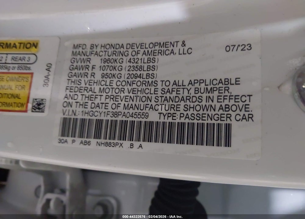 2023 HONDA ACCORD EX VIN: 1HGCY1F38PA045559