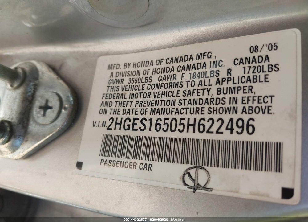 2005 HONDA CIVIC LX VIN: 2HGES16505H622496