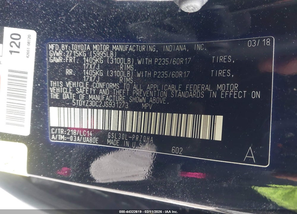 2018 TOYOTA SIENNA XLE 8 PASSENGER VIN: 5TDYZ3DC2JS931273
