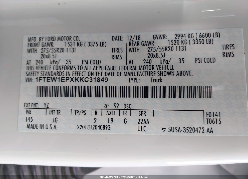 2019 FORD F-150 XL VIN: 1FTEW1EPXKKC31849