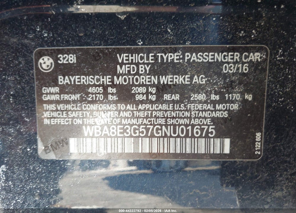 2016 BMW 328I XDRIVE VIN: WBA8E3G57GNU01675