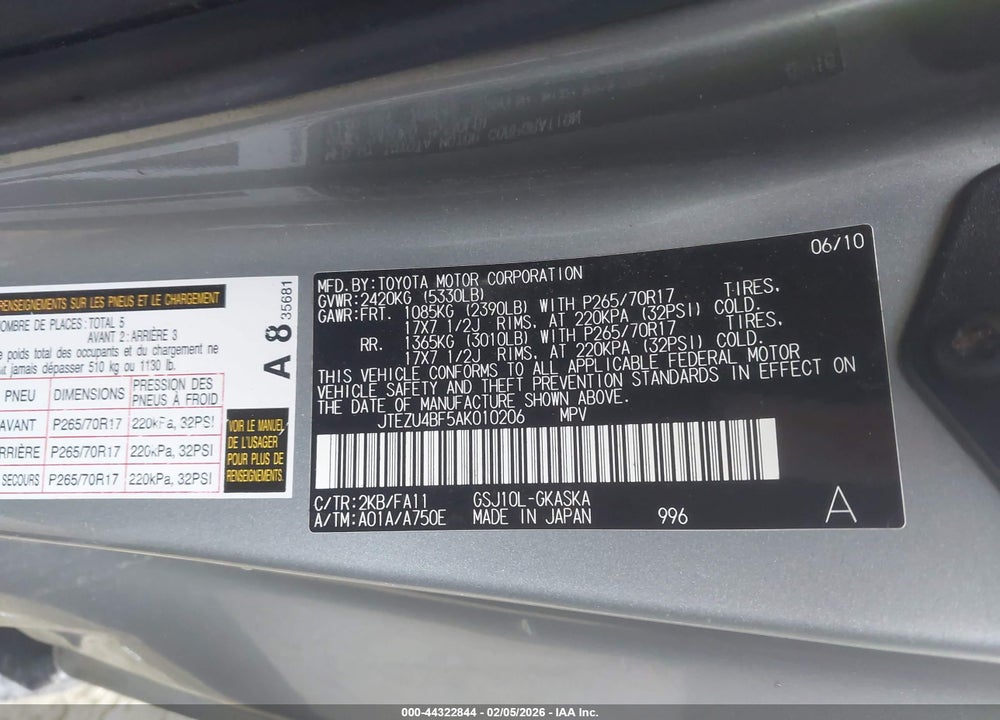 2010 TOYOTA FJ CRUISER VIN: JTEZU4BF5AK010206