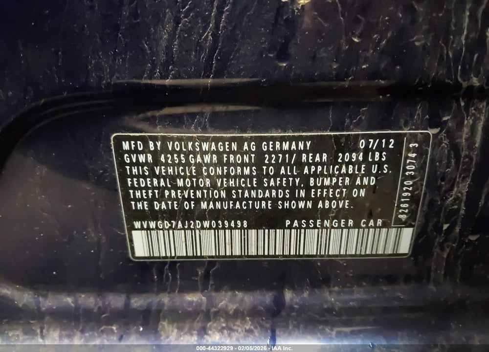 2013 VOLKSWAGEN GTI VIN: WVWGD7AJ2DW039498