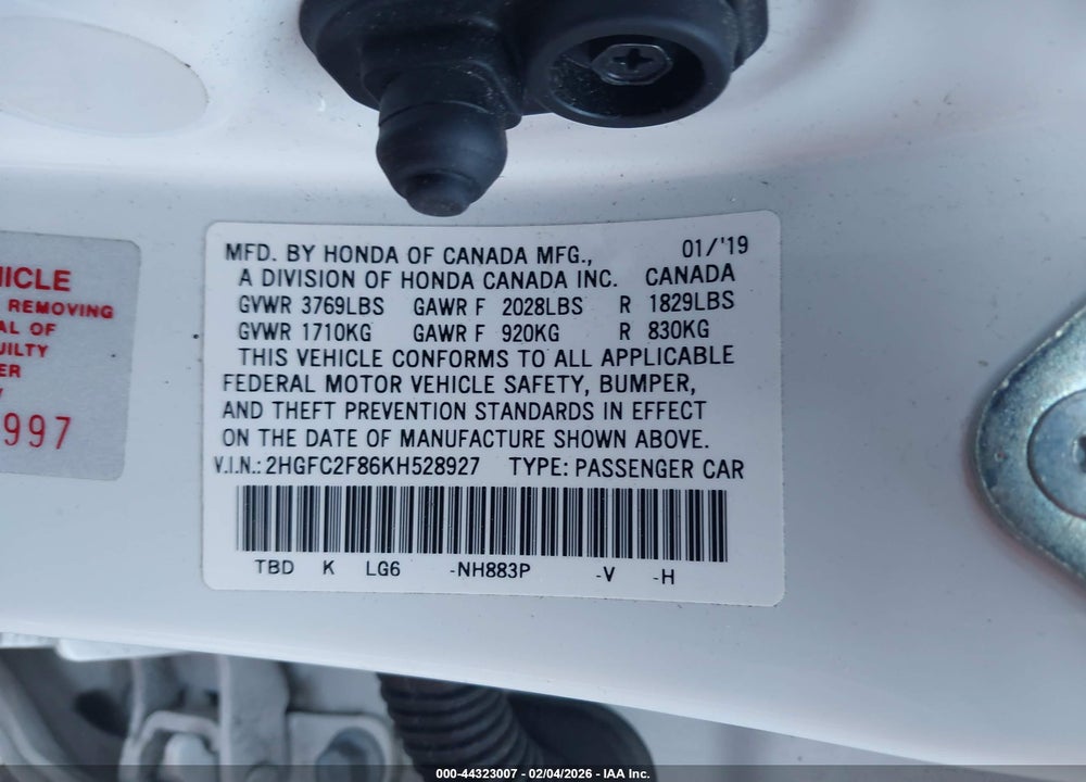 2019 HONDA CIVIC SPORT VIN: 2HGFC2F86KH528927