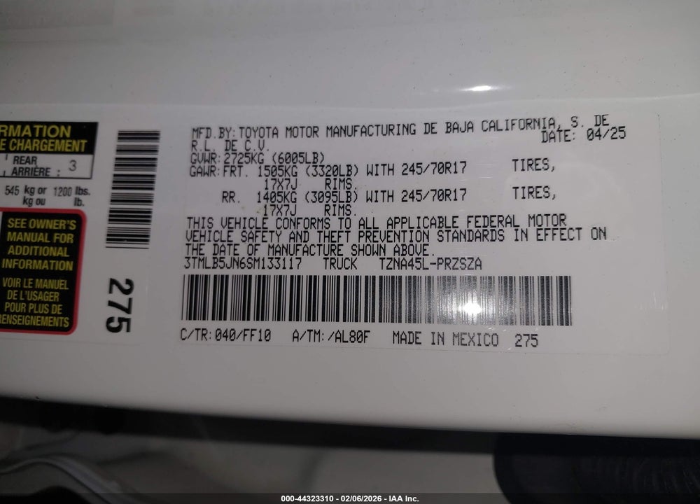 2025 TOYOTA TACOMA SR5 VIN: 3TMLB5JN6SM133117