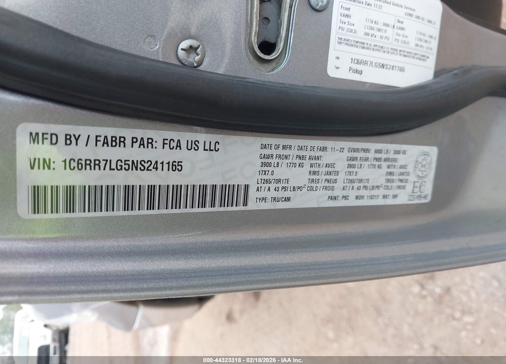 2022 RAM 1500 CLASSIC SLT VIN: 1C6RR7LG5NS241165