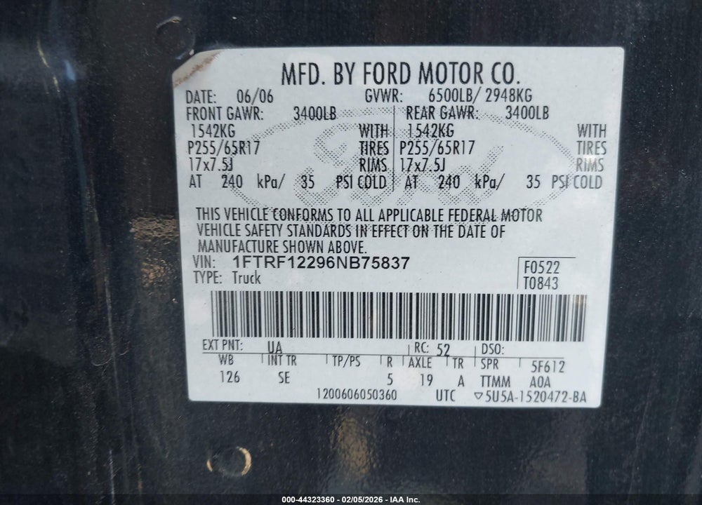 2006 FORD F-150 STX/XL/XLT VIN: 1FTRF12296NB75837