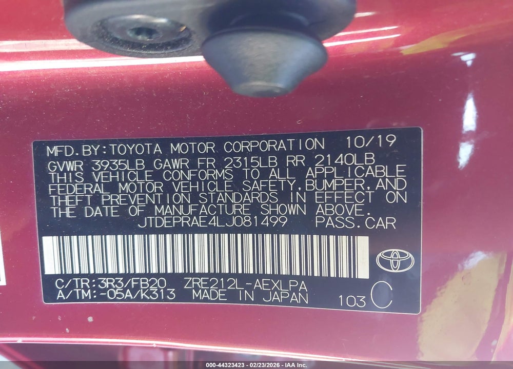 2020 TOYOTA COROLLA LE VIN: JTDEPRAE4LJ081499
