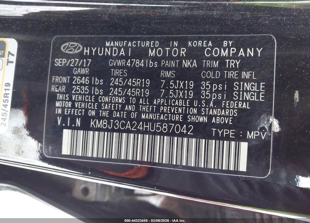 2017 HYUNDAI TUCSON SPORT VIN: KM8J3CA24HU587042