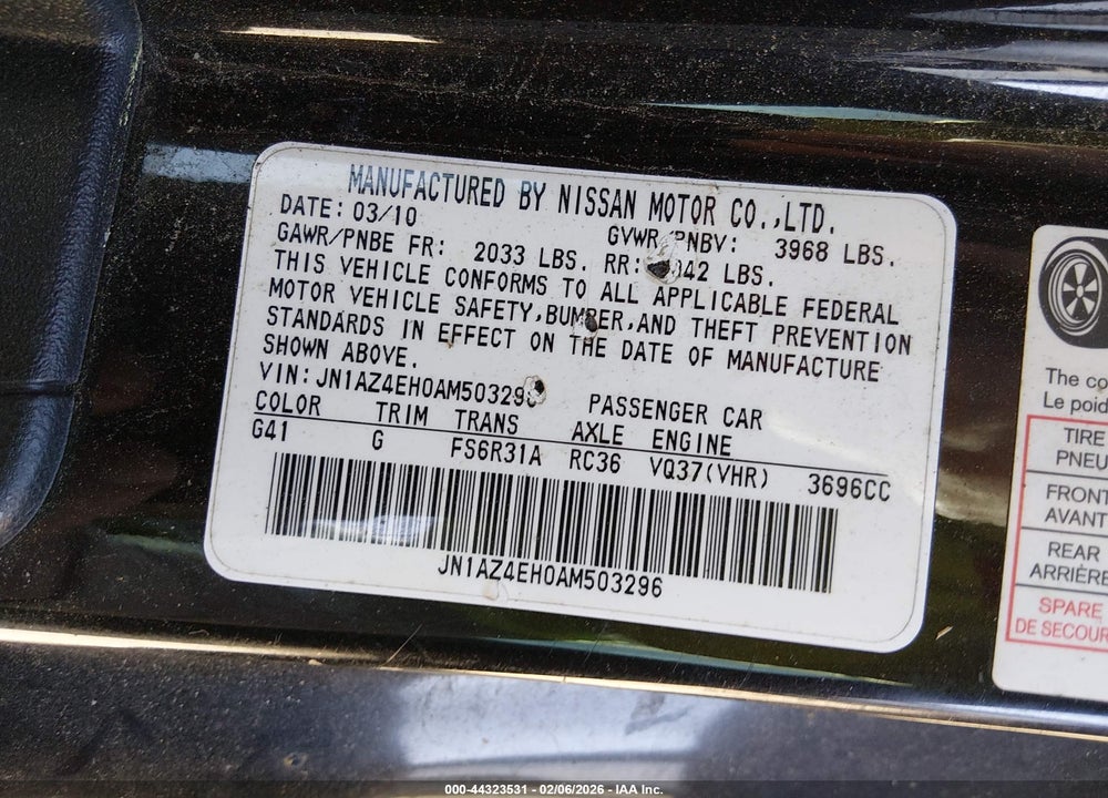 2010 NISSAN 370Z TOURING VIN: JN1AZ4EH0AM503296
