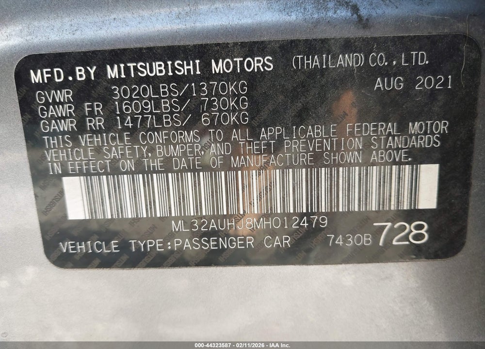 2021 MITSUBISHI MIRAGE CARBONITE EDITION/ES/LE VIN: ML32AUHJ8MH012479