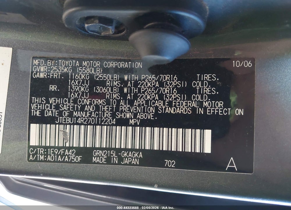 2007 TOYOTA 4RUNNER SR5 V6 VIN: JTEBU14R270112204
