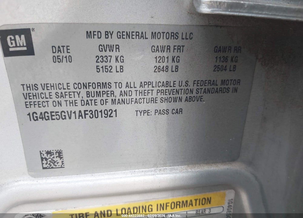 2010 BUICK LACROSSE CXS VIN: 1G4GE5GV1AF301921