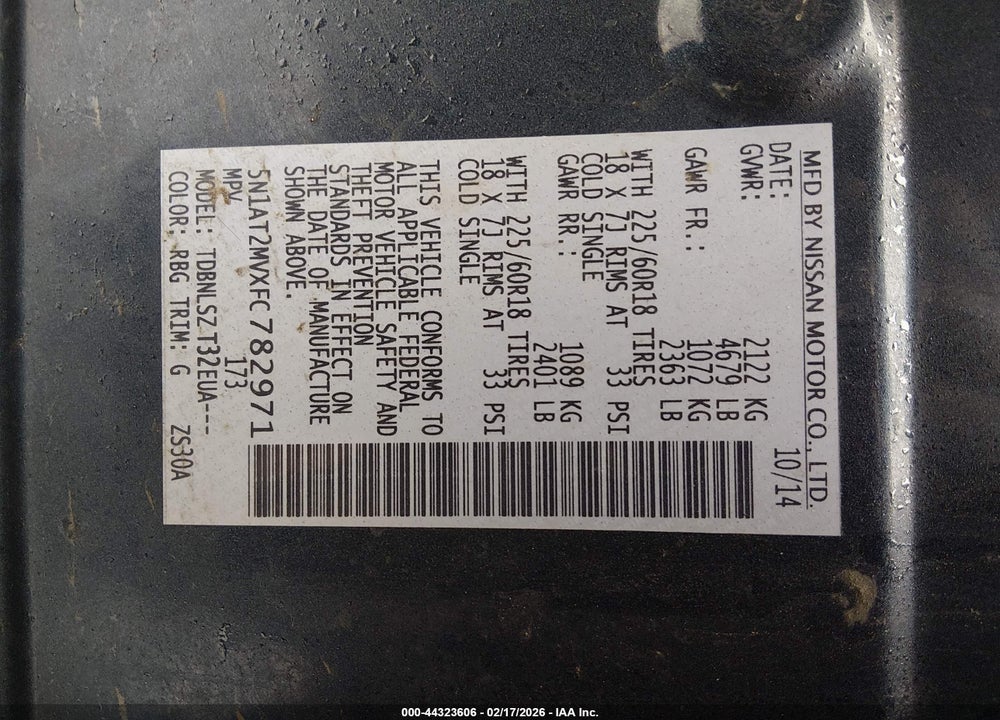 2015 NISSAN ROGUE SL VIN: 5N1AT2MVXFC782971
