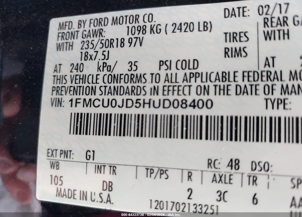 2017 FORD ESCAPE TITANIUM VIN: 1FMCU0JD5HUD08400