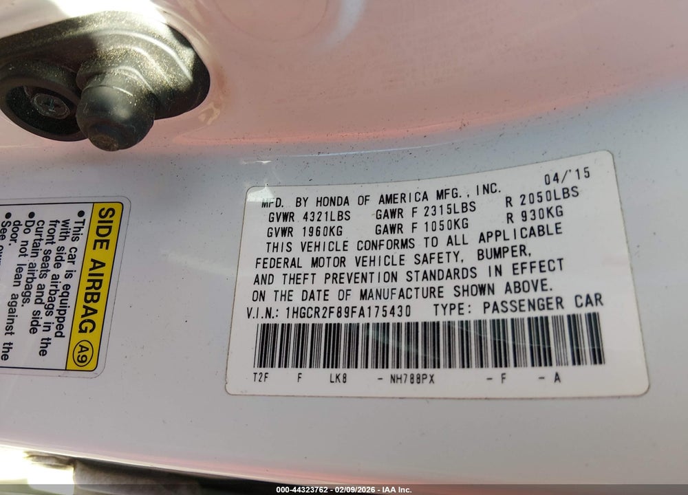 2015 HONDA ACCORD EX-L VIN: 1HGCR2F89FA175430