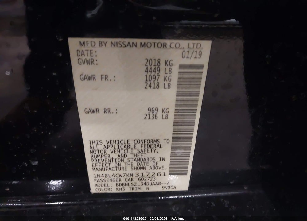 2019 NISSAN ALTIMA 2.5 SR VIN: 1N4BL4CW7KN317261