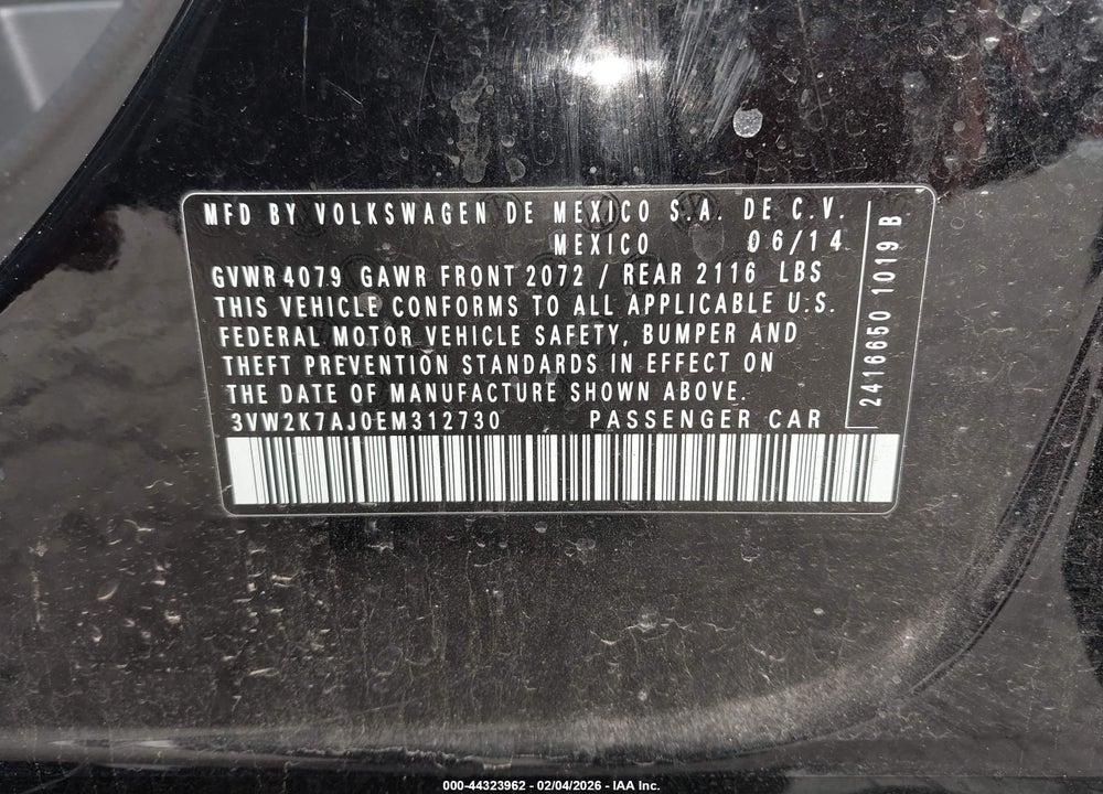 2014 VOLKSWAGEN JETTA 2.0L S VIN: 3VW2K7AJ0EM312730
