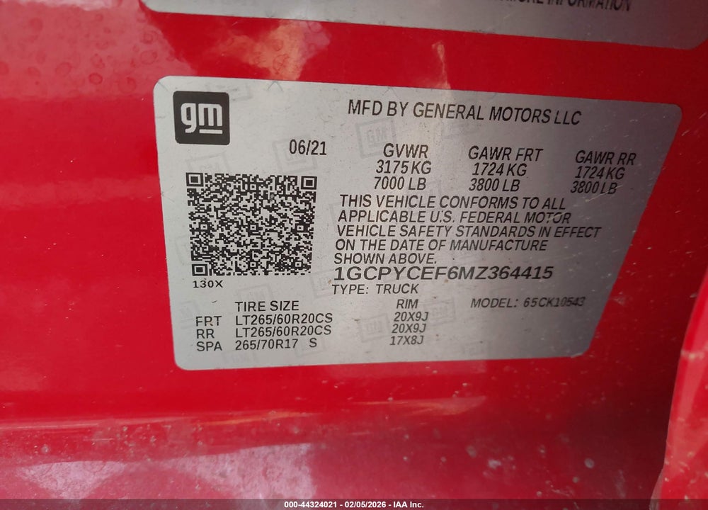 2021 CHEVROLET SILVERADO 1500 4WD  SHORT BED CUSTOM TRAIL BOSS VIN: 1GCPYCEF6MZ364415