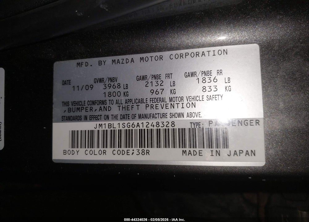 2010 MAZDA 3 I TOURING VIN: JM1BL1SG6A1248328