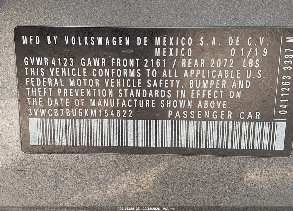 2019 VOLKSWAGEN JETTA 1.4T R-LINE/1.4T S/1.4T SE VIN: 3VWCB7BU5KM154622