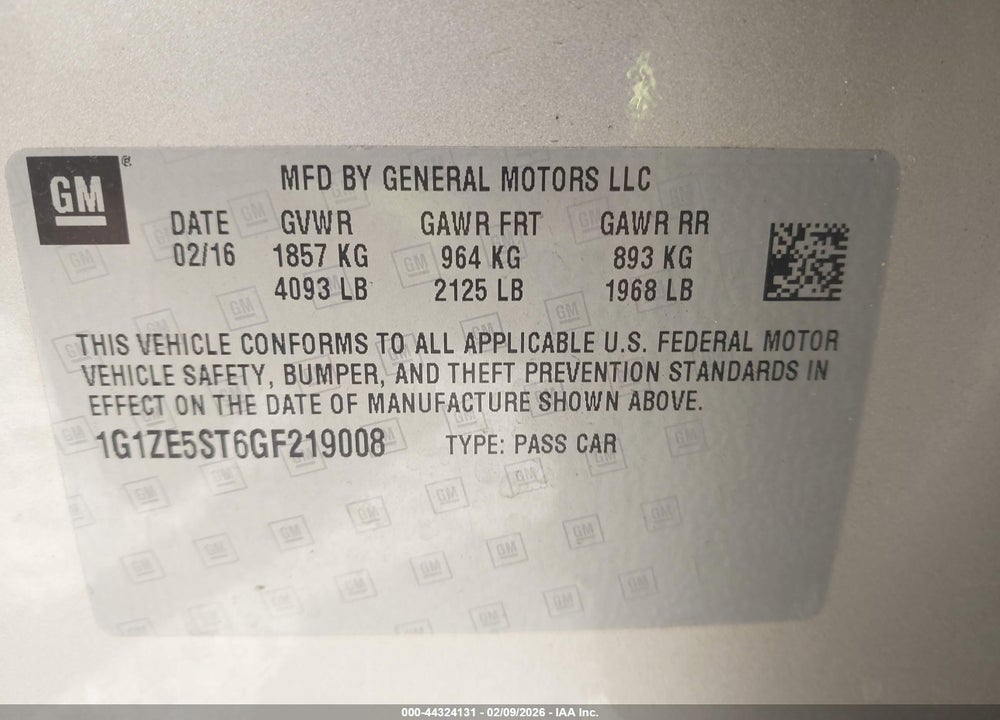2016 CHEVROLET MALIBU 1LT VIN: 1G1ZE5ST6GF219008