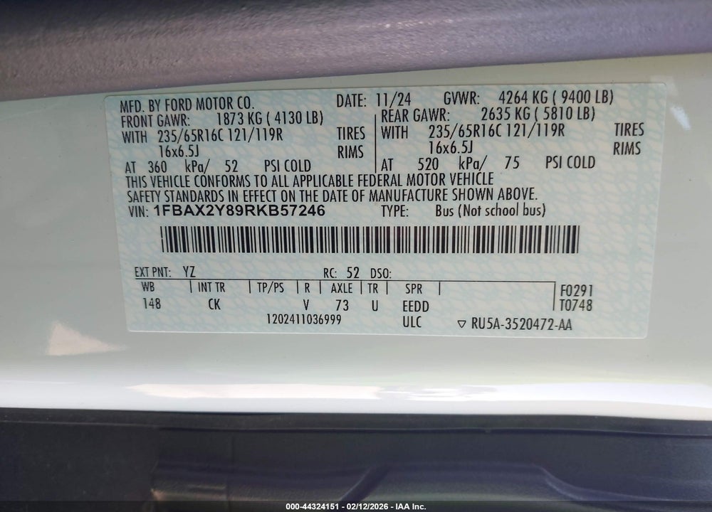 2024 FORD TRANSIT-350 PASSENGER VAN XL VIN: 1FBAX2Y89RKB57246