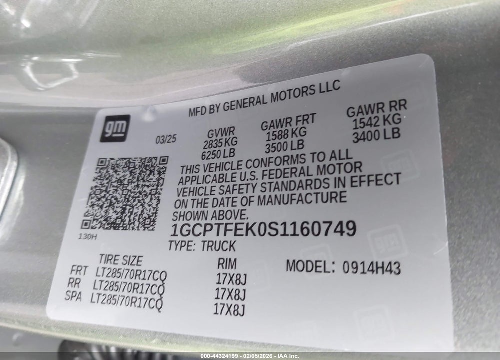 2025 CHEVROLET COLORADO 4WD ZR2 VIN: 1GCPTFEK0S1160749