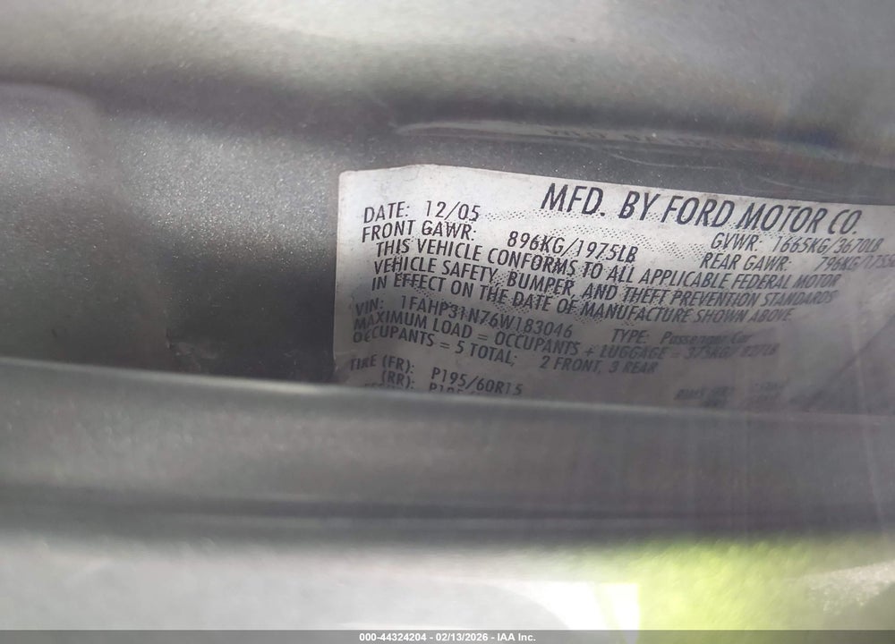 2006 FORD FOCUS ZX3 VIN: 1FAHP31N76W183046