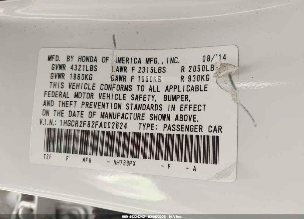 2015 HONDA ACCORD EX-L VIN: 1HGCR2F82FA002624