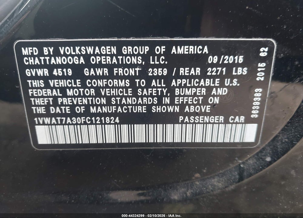 2015 VOLKSWAGEN PASSAT 1.8T LIMITED EDITION VIN: 1VWAT7A30FC121824