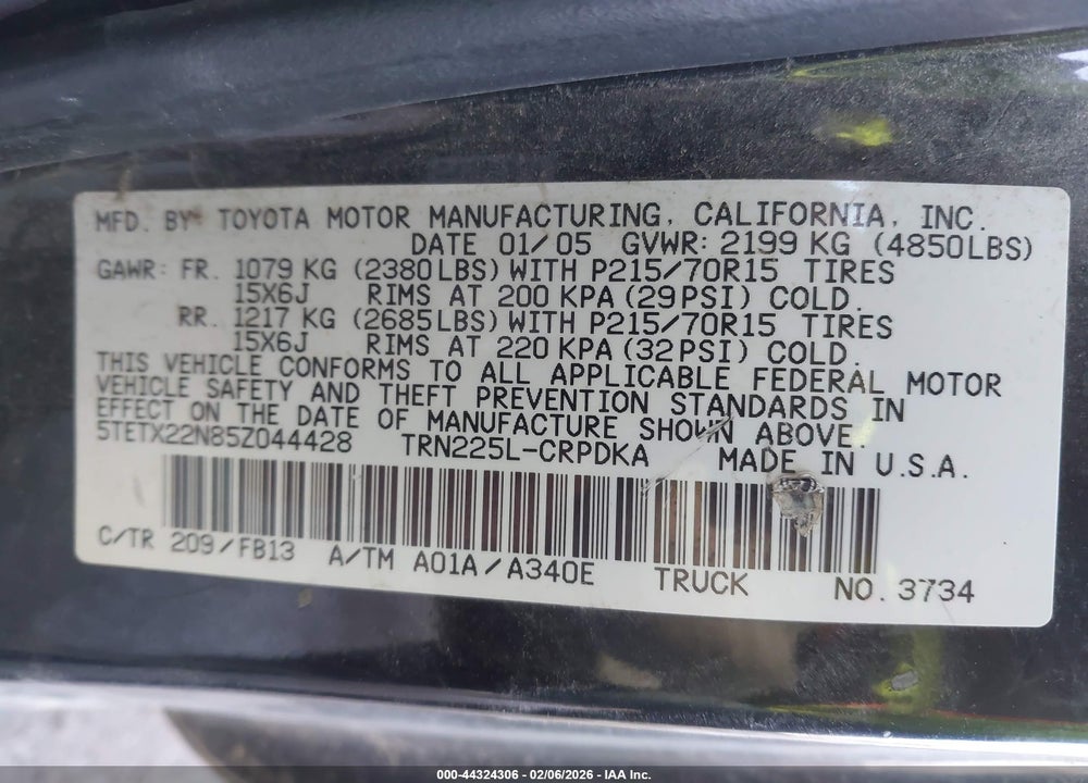 2005 TOYOTA TACOMA VIN: 5TETX22N85Z044428