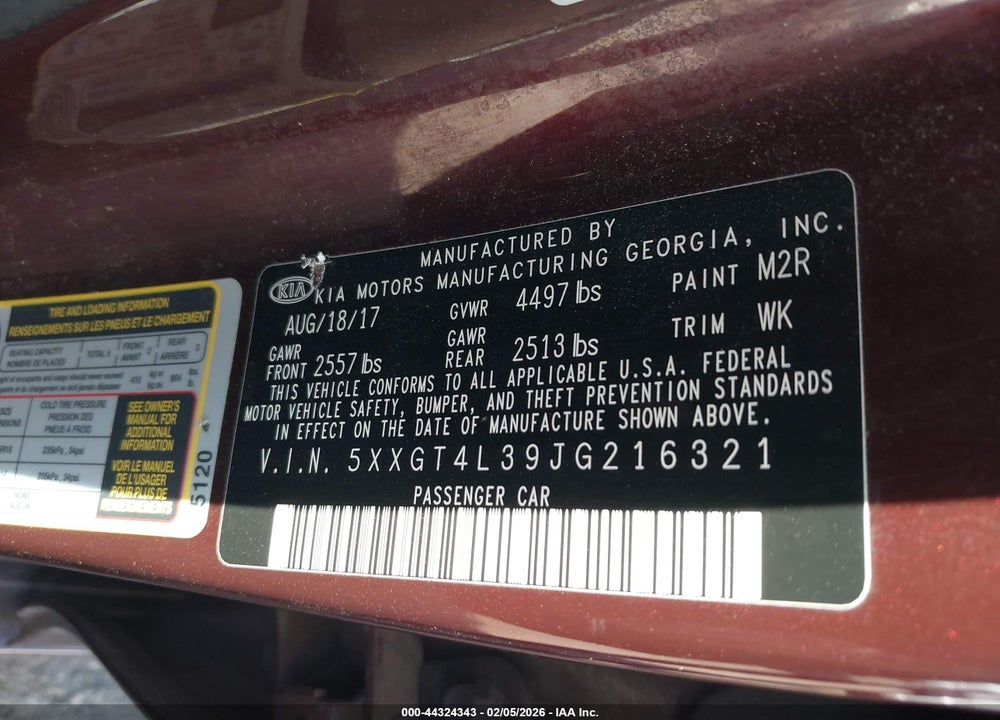 2018 KIA OPTIMA LX VIN: 5XXGT4L39JG216321