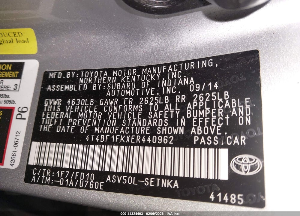 2014 TOYOTA CAMRY L/SE/LE/XLE VIN: 4T4BF1FKXER440962