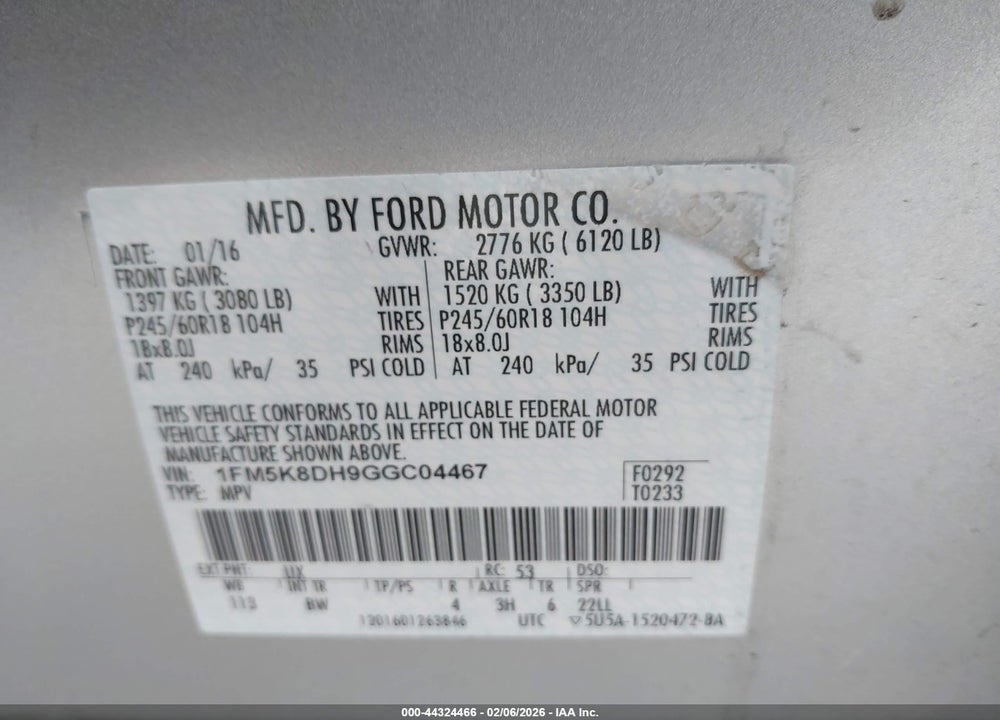 2016 FORD EXPLORER XLT VIN: 1FM5K8DH9GGC04467