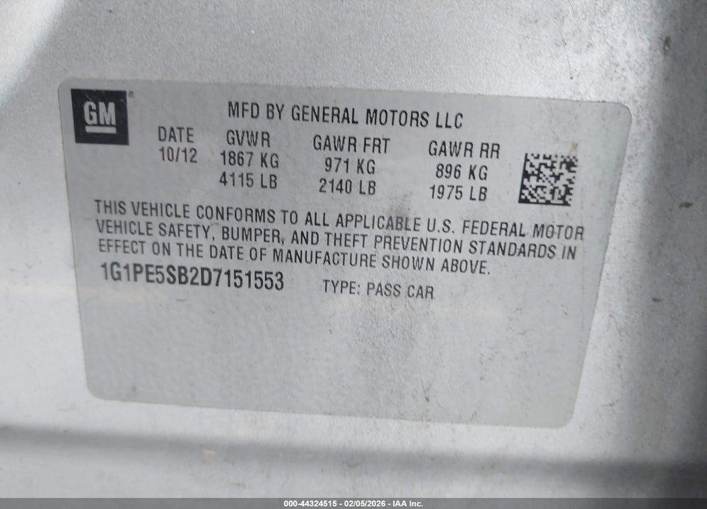 2013 CHEVROLET CRUZE 2LT AUTO VIN: 1G1PE5SB2D7151553