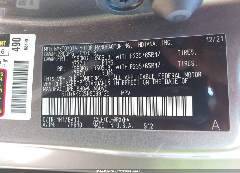 2022 TOYOTA SIENNA XLE VIN: 5TDYRKEC5NS099135